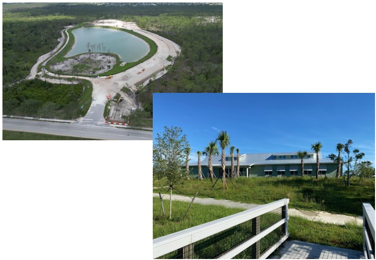 Composite of two images, the first shows an aerial photo of the preserve with a path going around a lake, and the second photo is from ground level showing the end of a boardwalk, green grass, and a building behind some trees